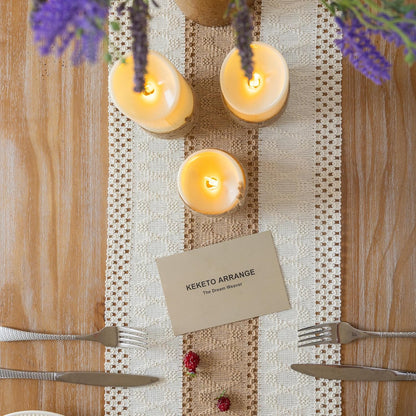 12x60 Inches Keketoarrange Boho Table Runner Cream Beige Brown for Home Decor Farmhouse Small Macrame Woven Burlap