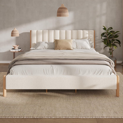 Merax King Size Bed Frame with Boucle Upholstered Thick Headboard, Solid Wooden Legs, No Box Spring Needed, for Bedroom Apartment, White
