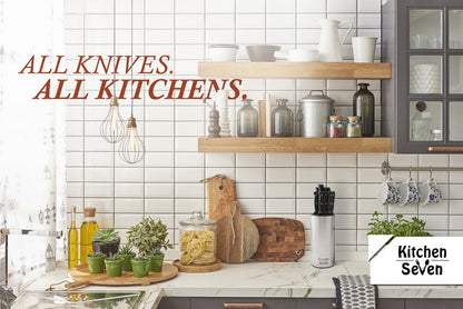 Kitchen Seven Universal Knife Block - Stainless Steel Kitchen Knife Holder Without Knives - Round Space -Saver Knife Storage Stand safely stores knives while keeping blades clean and sharp