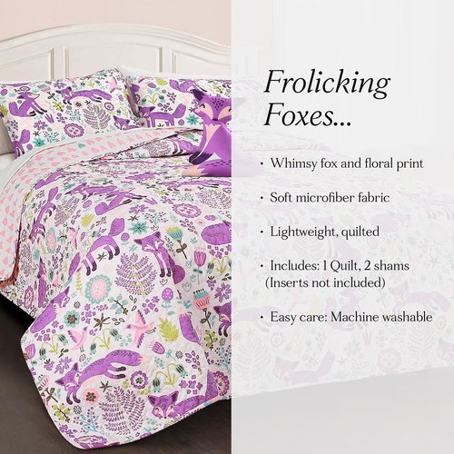Lush Decor Pixie Fox Reversible Quilt Set, 3 Piece Set, Twin, Purple & Pink - Fun Lightweight Twin Bedding for Kids - Girls Pink Bedroom Decor