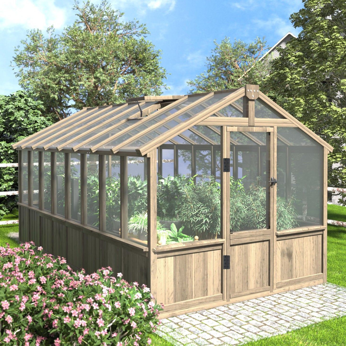 Yardenaler 8x16 FT Greenhouse for Outdoor, 6MM Thick Polycarbonate Panel Wooden Walk-in Green House with Adjustable Roof Vents and Lockable Door, Backyard Garden, Light Mocha Brown