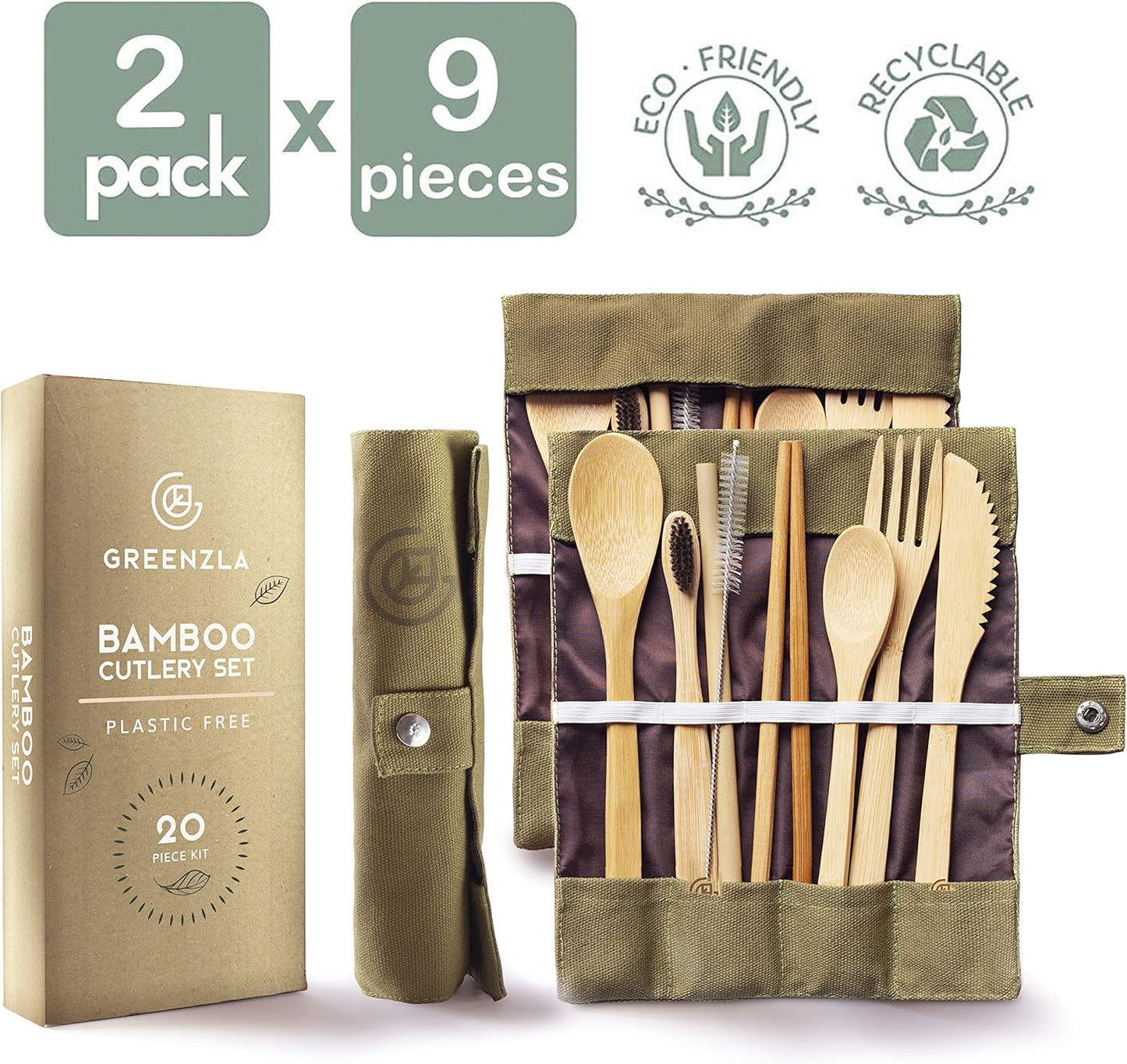 Greenzla Double Pack Bamboo Utensils Set with Bonus Toothbrush Pair, Reusable Wooden Cutlery & Storage Bags