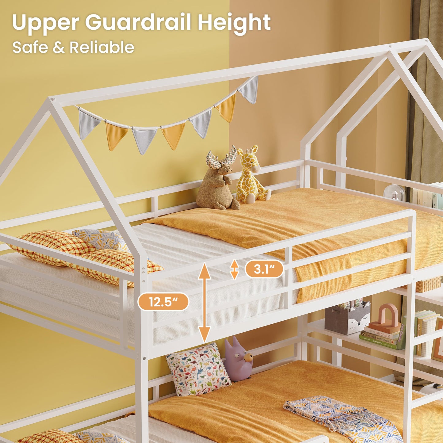 LIKIMIO Bunk Bed Twin Over Twin, Twin Bunk Beds Frame with 3-Tier Storage Bookshelf, Metal Twin House Bed Ladder and Safety Guardrail, Space Saving for Apartment or Dorm, No Box Spring Needed, White
