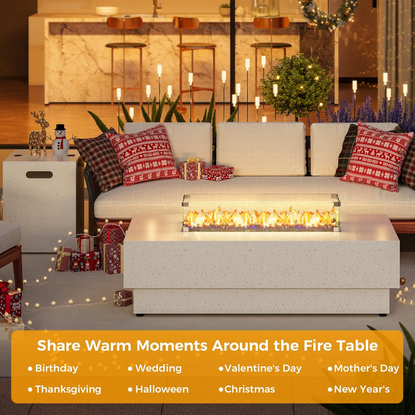 IRONCK 50-Inch Outdoor Propane Fire Pit Table w Tank Table, CSA Certified, Rectangular Patio Fire Pit w Glass Rocks, Wind Guard and Cover, 58000 BTU 2 in 1 Outdoor Heater for Deck Garden, White
