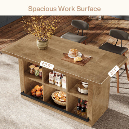 Tribesigns Kitchen Island with Storage, Counter Height Kitchen Island Table with 6 Open Cubbies and Footrests, Coffee Bar Table for Dining Room, Brown
