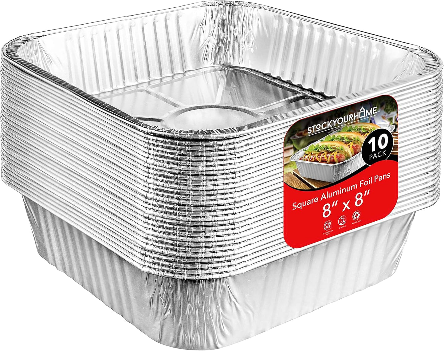 8x8 Foil Pans, 10 Pack, 8 Inch Square Aluminum Pans for Baking