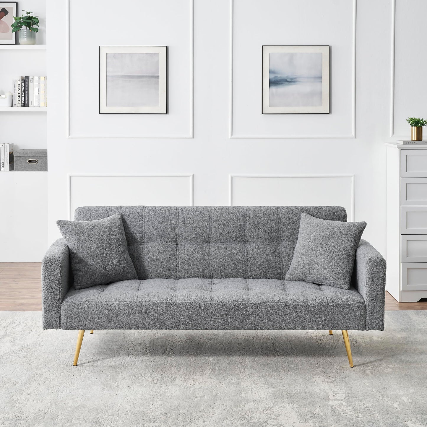 KEIKI 72" Folding Futon Sofa Couch w/Adjustable Backrest, Mid Century Modern Loveseat Convertible to Sleeper Bed, Small Comfy Teddy Cloud Couch SofaBed for Living Room & Bedroom, 2 Pillows, Gray