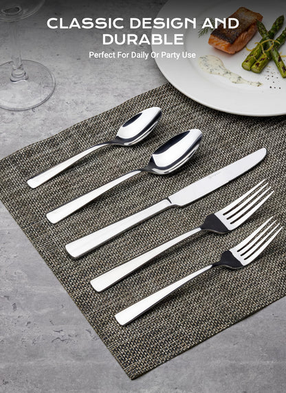 45-Piece Flatware Sets, Silverware Set for 8, Durable Stainless Steel Tableware in Ergonomic Design Size and Weight, Kitchen Utensils Set with Steak Knives, Rust-proof, Dishwasher Safe