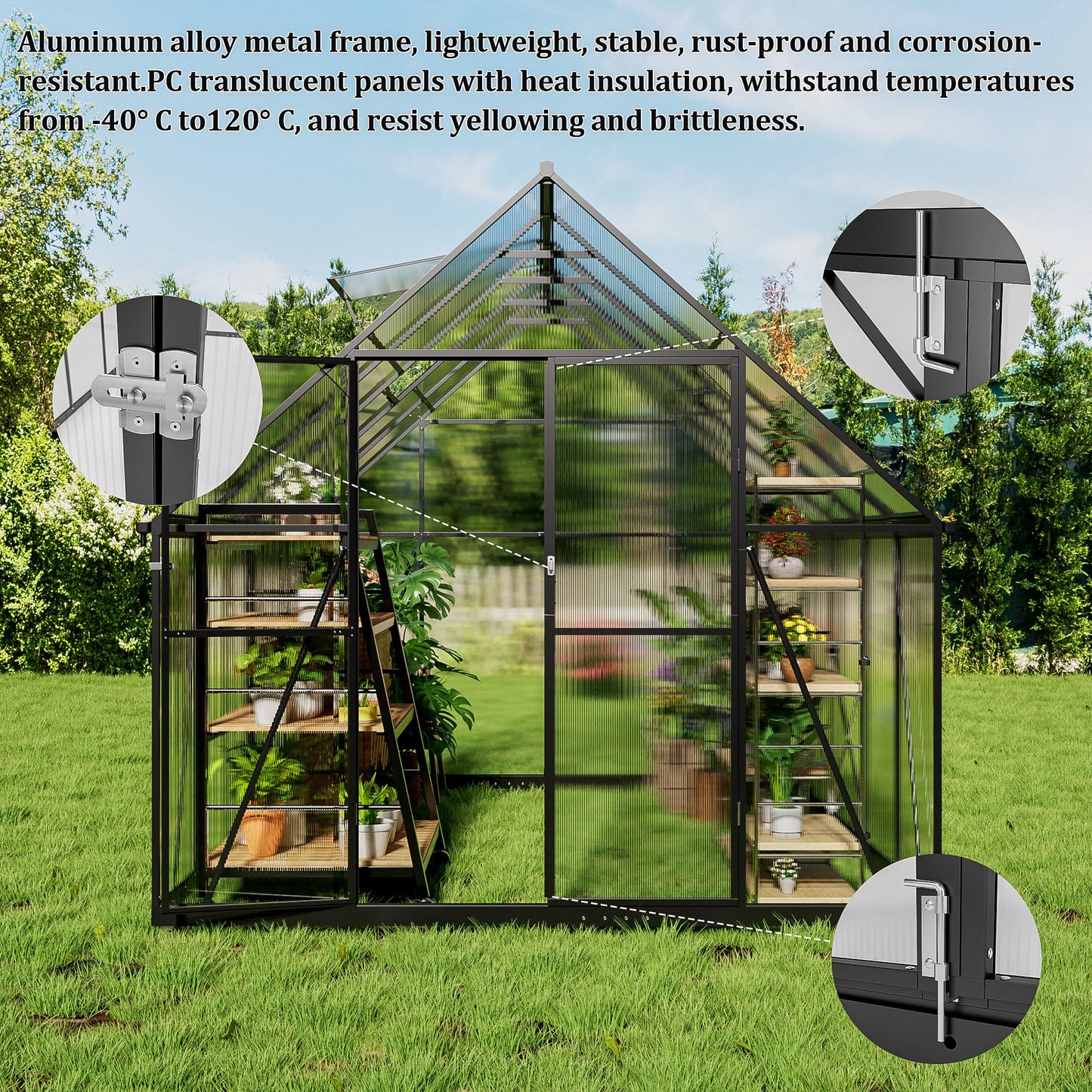 ASJMR 8×10 PC Outdoor Greenhouse, Green Houses for Outside with Aluminum Frame, Lockable Door & Adjustable Roof Vent - Heavy Duty Green Houses for Outside, Backyard, Garden, Patio Use (8×10)