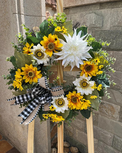 CYANBLOOM 24 Inch Summer Front Door Wreath – Modern Farmhouse Cream White & Yellow Sunflower Dahlia Wreath with Buffalo Plaid Bow, Outdoor Porch Wall Decor All Season, Housewarming Wedding Gift