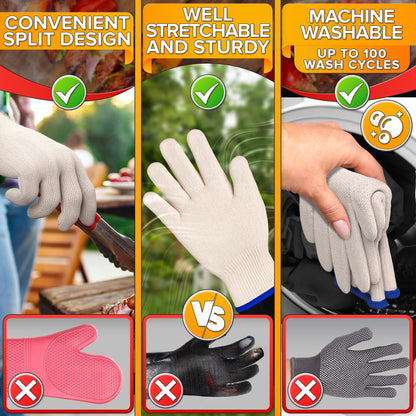 Heat Resistant Gloves for Cooking & Grilling – Aramid Oven Mitts Gloves with Fingers, Thick Knit Design Ensures Short-Term Hand Protection up to 932°F – Secure Grip for Baking, Fryer, and BBQ