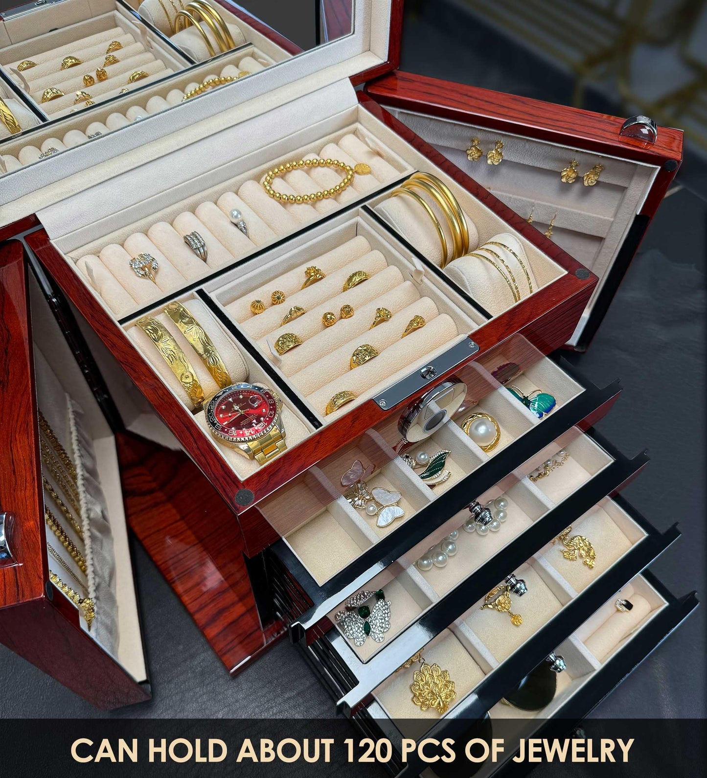 SYENS Jewelry Box Wood Jewel Organizer with Fingerprint Lock Safe, 7-Layer Large Locking Jewelry Storage Box with Necklace Hanger for Women Mens Gift (5L-RS)