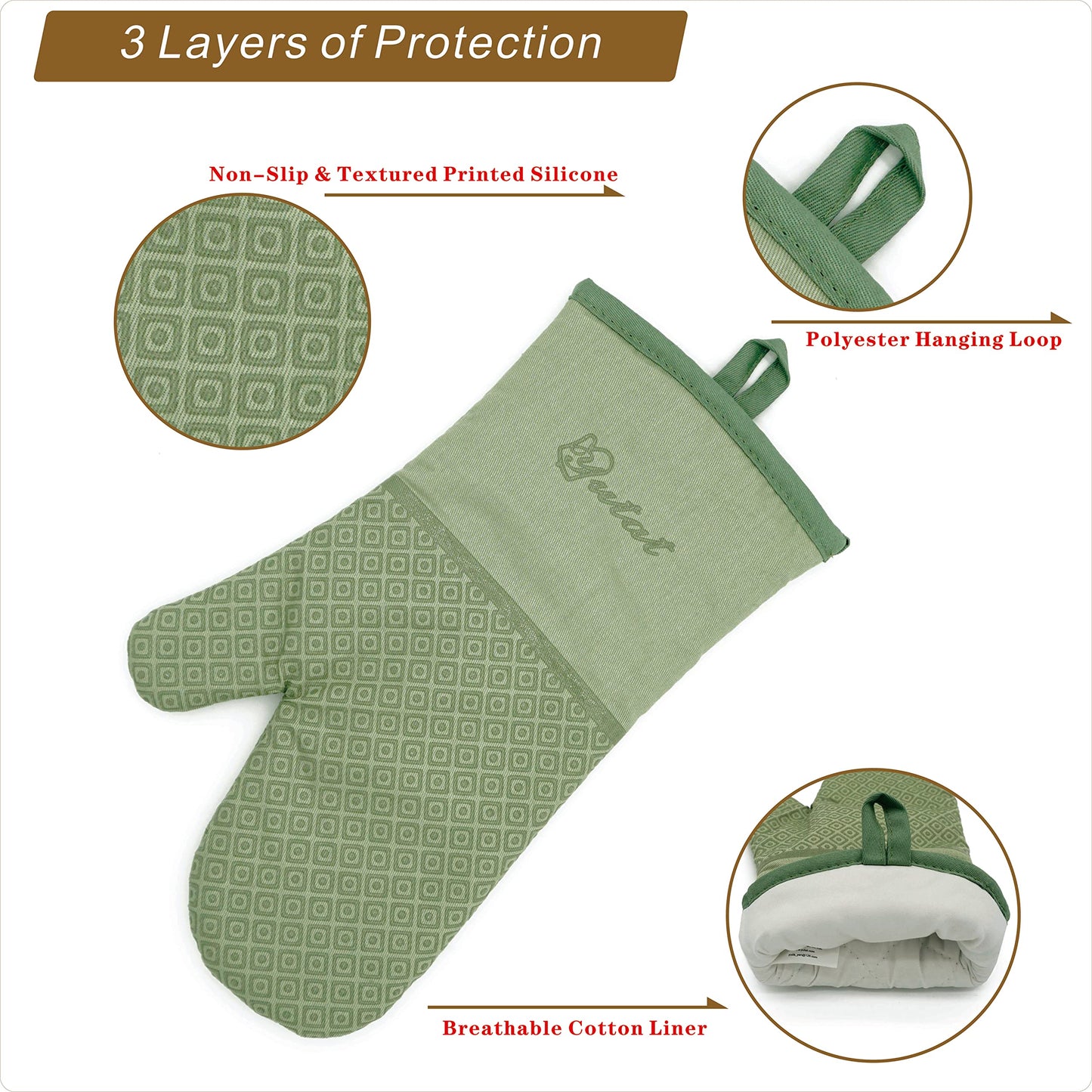 Yutat Silicone Oven Mitts - Oven Mitts and Pot Holders Sets Made of Non-Slip & BPA-Free Silicone, High Heat Resistant 500 Degrees, Perfect for Kitchen Cooking Baking BBQ, 4Pcs Set, Peak Green
