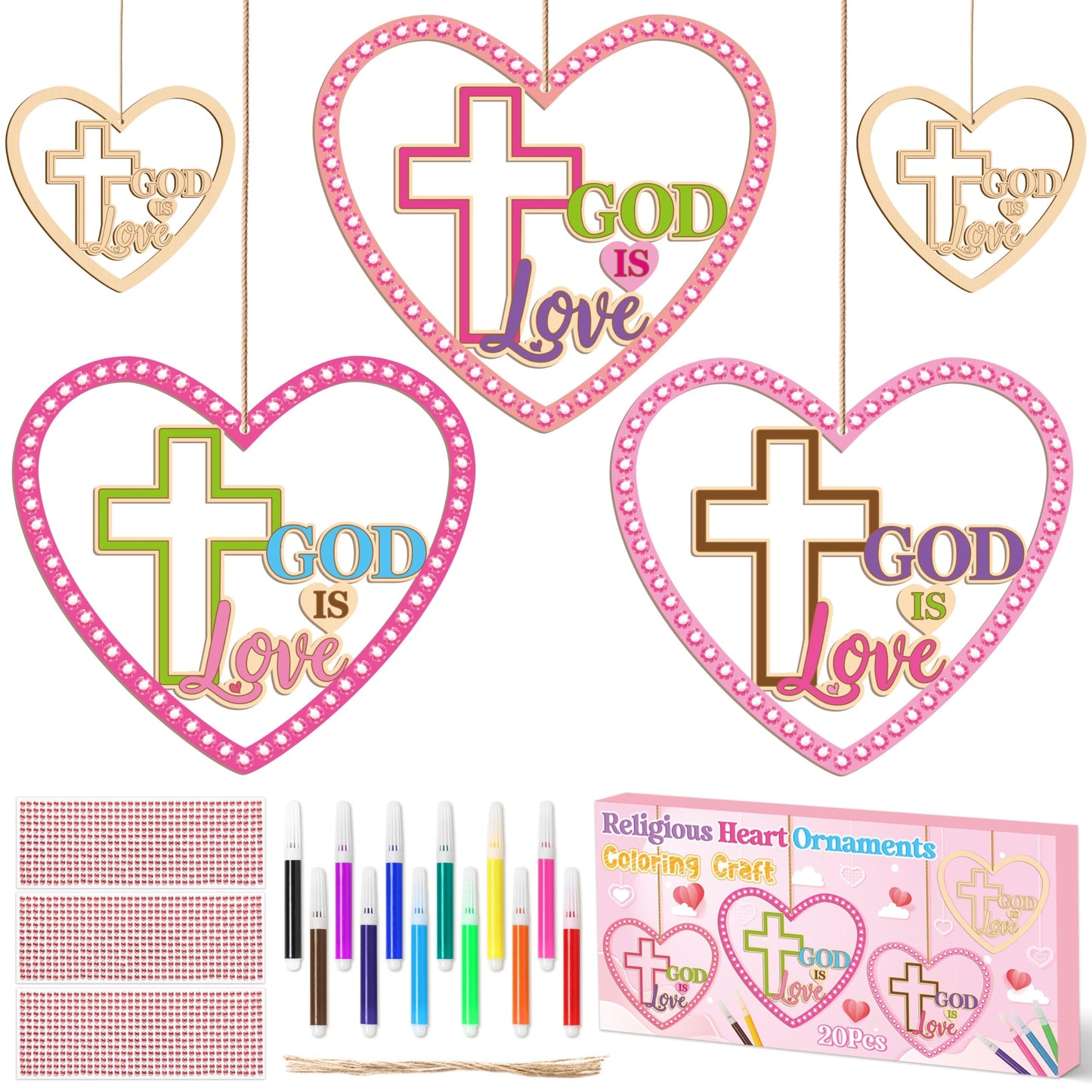 BeYumi Valentines Wooden Ornament Craft - 20Pcs Valentine's Day DIY Wooden GOD is Love Ornaments Craft Kit for Kids Make Your Own Religious Cross Decor with Gem Stickers Church School Party Supplies
