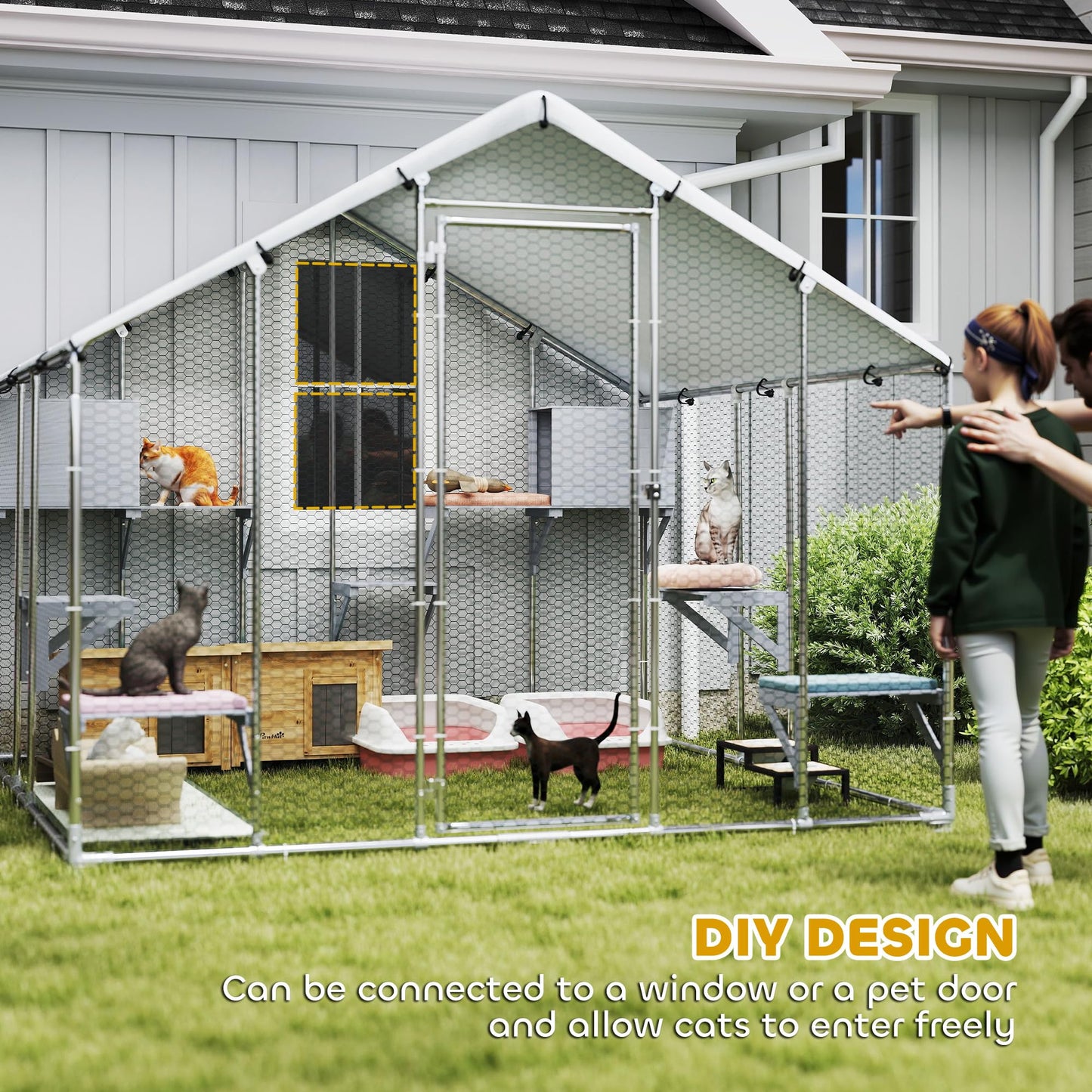 PawHut Catio Outdoor Cat Enclosure, 95" Extra Large Walk-in Cat House with Waterproof Cover, 2 Resting Boxes, 7 Jumping Platforms, Chicken Run Coop, Rabbit Hutch, Feral Cat Shelter Pointed Roof
