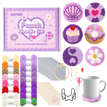 WATINC Christmas Punch Needle Coaster Kits - 23Pcs Easy Art Work Decor Craft Supply for Beginners, DIY Set of 6 Pattern Tufted Pads with Adhesive Felt Yarns Tools Instruction Customized Boxes (Purple)