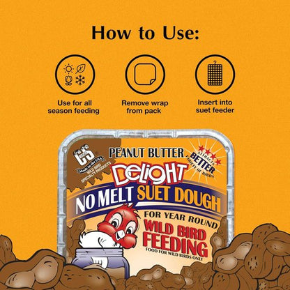 C&S Peanut Butter Delight Suet Dough - No Melt, 11.75 Ounces | 12 Pack for Wild Birds
