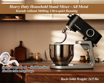 Kraftsman All Metal Stand Mixer 5.3 Quart with 4 Stainless Steel Attachments, Heavy Duty Dough Mixer with DC Motor, Lower Noise, Verstile Mixer with Power Hub, 8-Speed & Timer (Black)