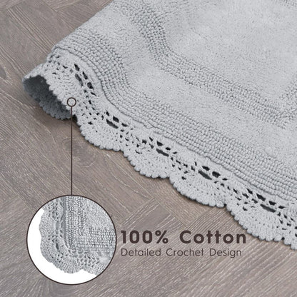 Laura Ashley Absorbent Bath Mat Reversible Crochet Soft and Plush Bathroom Mat 100% Cotton 2-Piece Bath Rug Set, Light Grey