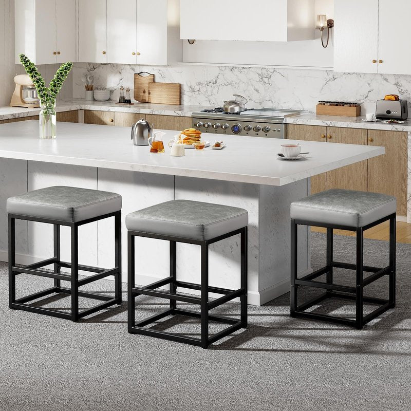 Raynesys Counter Height Bar Stools Set of 2, 24" Barstools for Kitchen Countertop, Faux Leather Counter Stools with Thick Square Seats & Sturdy Metal Base, Simple Assembly, Brown