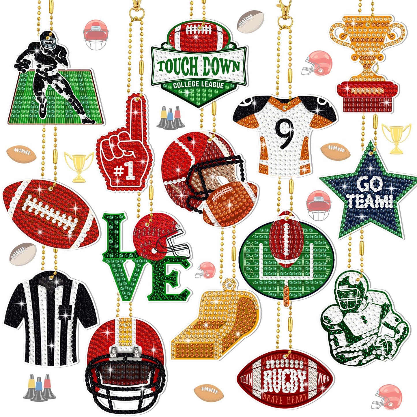 Yinkin 15 Pcs Football Diamond Art Keychains 5d Diamond Painting Keychain Football Party Decoration DIY Ornaments Pendant Kits for Adult
