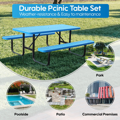 4FT Metal Picnic Tables for Outdoors, Commercial Rectangular Picnic Table and Bench Set for Outside, Patio, Garden, Backyard, Porch, Surface Mount, Blue