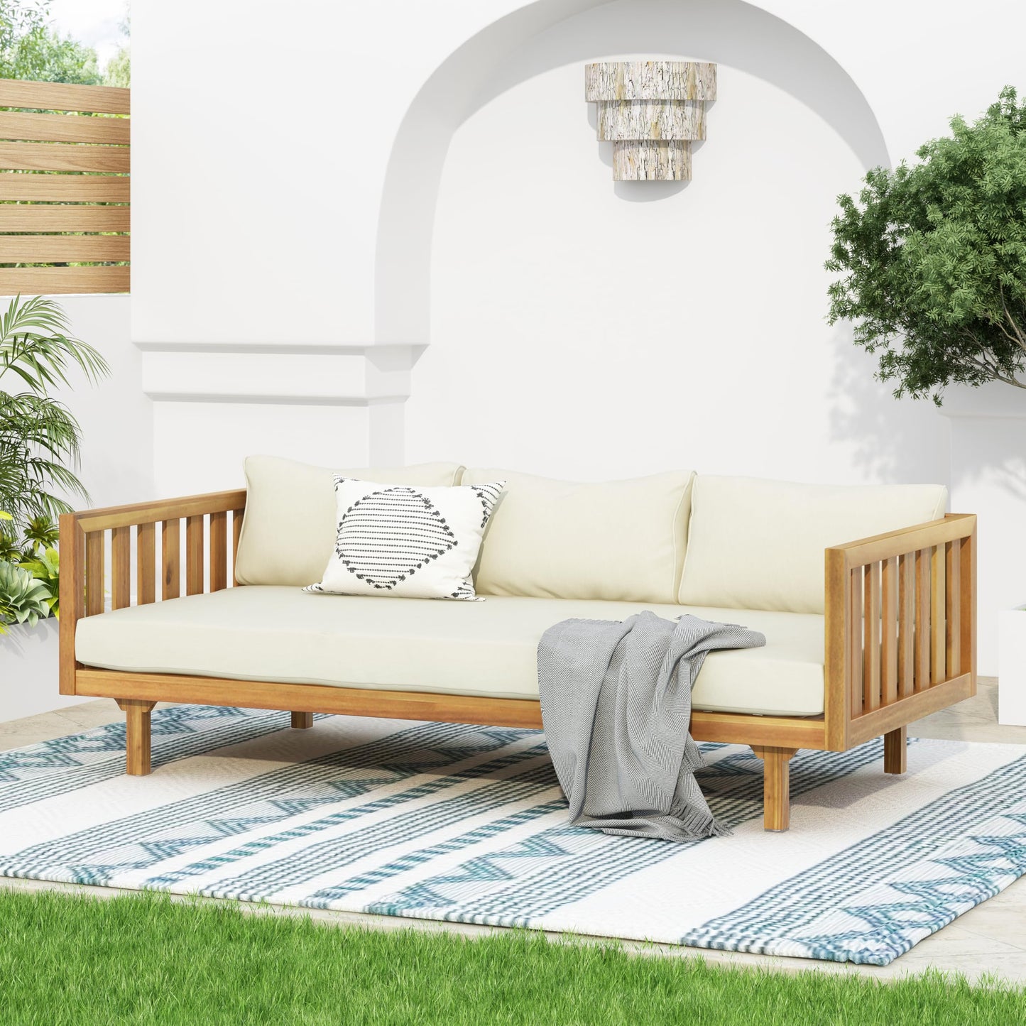 Christopher Knight Home Claremont Outdoor 3 Seater Acacia Wood Daybed with Fabric Water Resistant and Removable Cushions, Patio Garden Poolside Sofa with Slat Paneling Armrest and Back, Teak and Beige