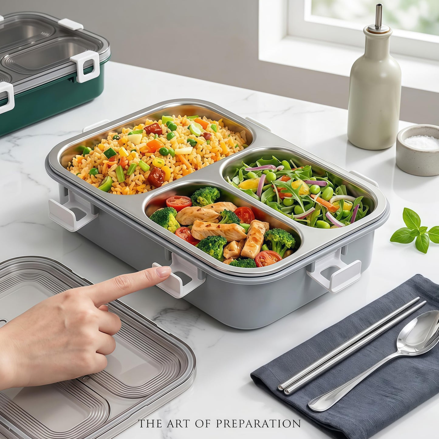 BSTUR Stainless Steel Bento Box for Adults, 3-Compartment Meal Prep Lunch Container with Bottom Tray & Cutlery, Portable for Work, Gym & Travel – Grey