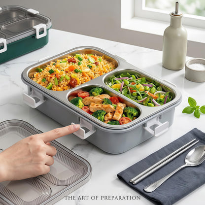 BSTUR Stainless Steel Bento Box for Adults, 3-Compartment Meal Prep Lunch Container with Bottom Tray & Cutlery, Portable for Work, Gym & Travel – Grey