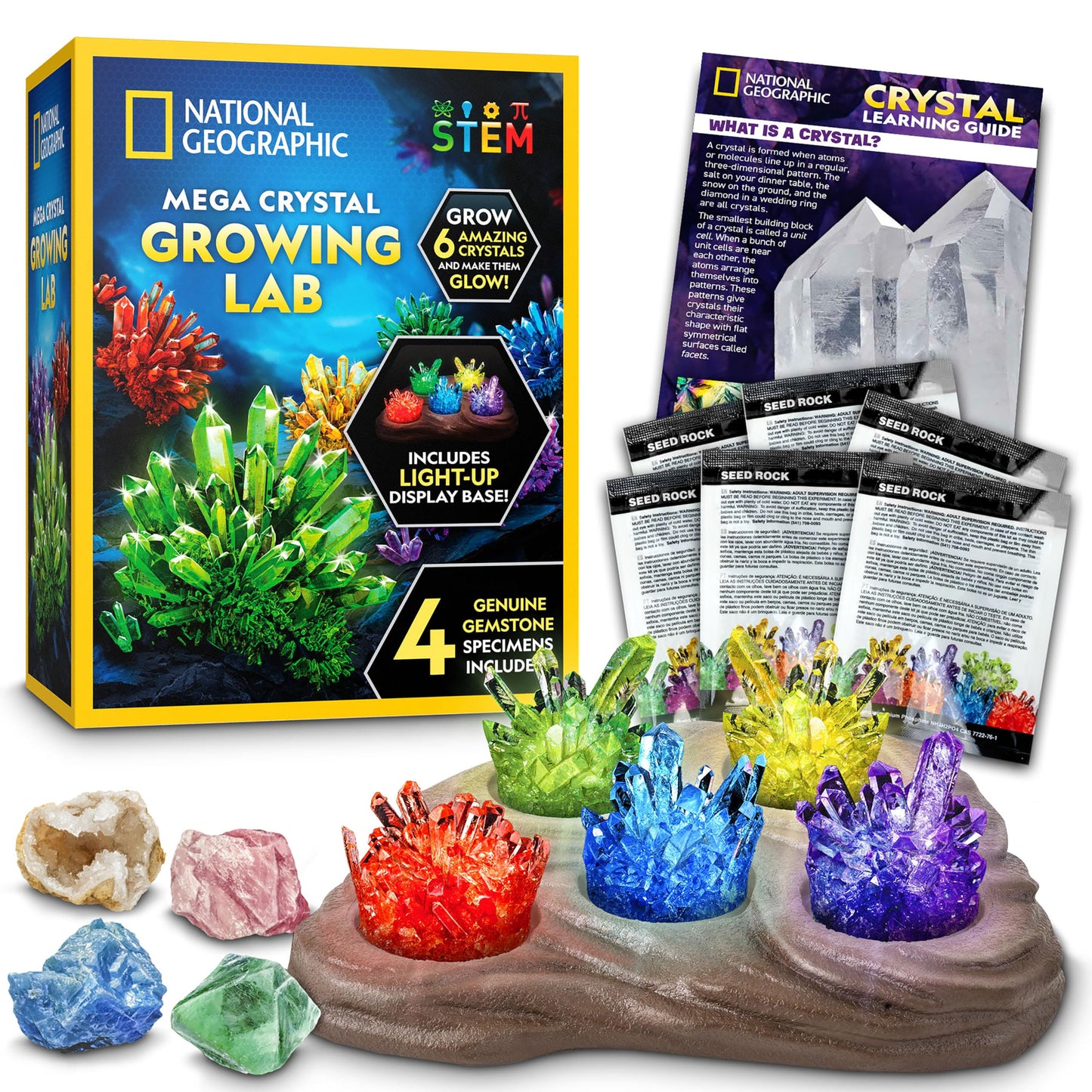 National Geographic Mega Crystal Growing Kit for Kids- Grow 6 Crystals with Light-Up Stand, Science Gifts for Kids 8-12, Crystal Making Experiment, Science Kit for Girls and Boys (Amazon Exclusive)