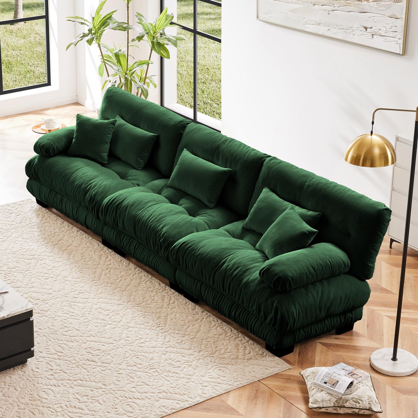 KEIKI 133" Sectional Sofa with Removable Ottomans, Comfy 3 Seat Sleeper Cloud Couch Set, Chenille Upholstered Modular SofaBed for Apartment Living Room, Throw Pillows, Dark Green