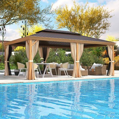 EROMMY 14'x20' Gazebo, Galvanized Steel Double Roof with Wood Grain Aluminum Frame, Outdoor Permanent Metal Pavilion with Curtains and Nettings for Patio, Backyard and Deck