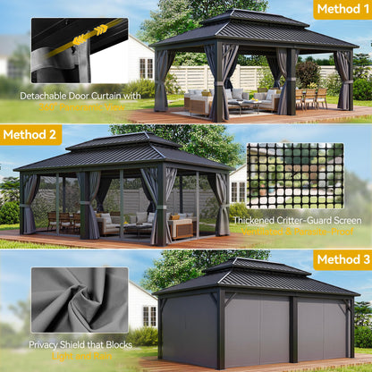 DWVO 12x18ft Hardtop Gazebo Double Roof with Nettings and Curtains, Heavy Duty Galvanized Steel Outdoor Vertical Stripes Roof for Patio, Backyard, Deck, Lawns, Gray