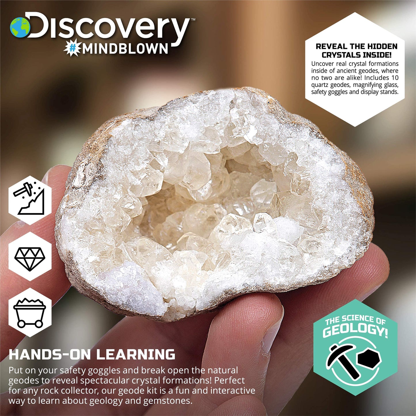 Discovery™ Mystery Crystal Geode Kit – Crack Open 10 Real Quartz Geodes| Includes Goggles, Magnifying Glass & Display Stands| Educational STEM Geology Toy for Kids| Science Activity Set Gift| Ages 6+