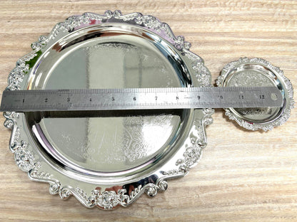 Quluxe Round Platter Serving Tray Metal Reusable Decorative Appetizer Platter Dessert Plate for Kitchen Party Centerpiece Display, 2 Pcs Silver (4 Inch+10 Inch)