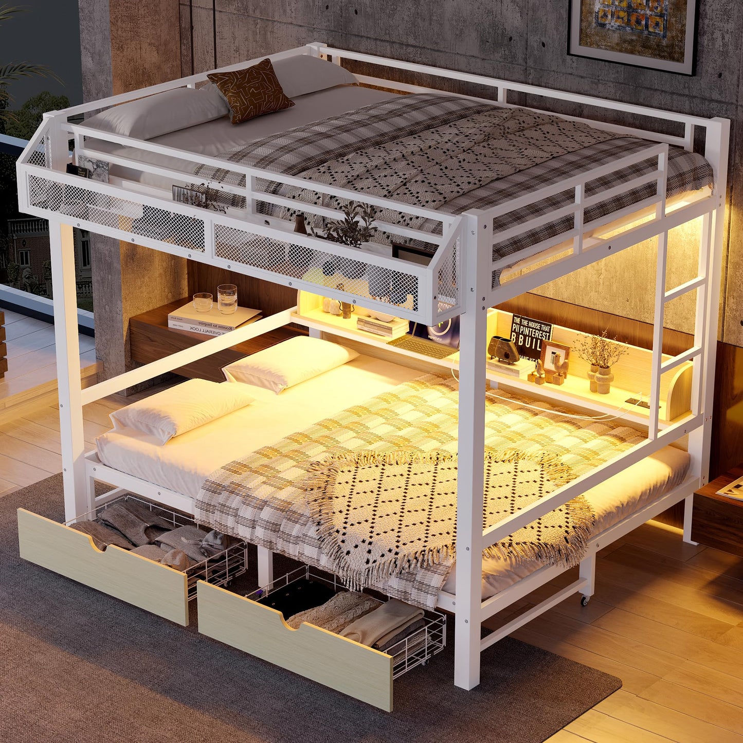Bellemave Queen Over Queen Metal Bunk Bed with Storage Drawers and Shelves, Heavy Duty Bunk Beds with LED Lights and Charging Station for Kids,Adults,Convertible into a Sofa Bed,White