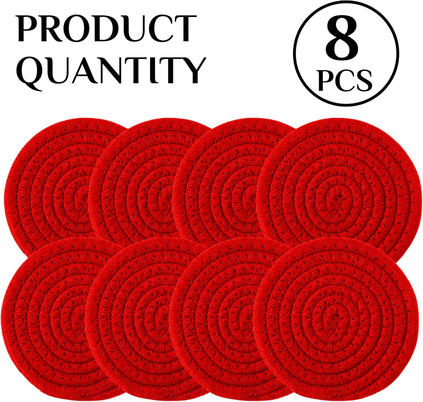 8PCS Red Handmade Cotton Round Woven Coasters - Absorbent Braided Cup Mats for Drink Home Kitchen Heat-Resistant