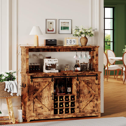 Hetoy Farmhouse Coffee Bar Cabinet 55" Tall with Sliding Barn Door, LED Light, Power Outlet – Storage Drawers, 12-Bottle Wine Rack, Ideal Coffee Hutch for Dining Room or Home Bar