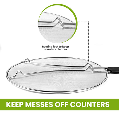 13" Grease Splatter Screen for Cooking | Stainless Steel Oil Splatter Guard and Ultra-Fine Mesh Protects Skin from Burns | TPR Tight-Grip Handle (Black)