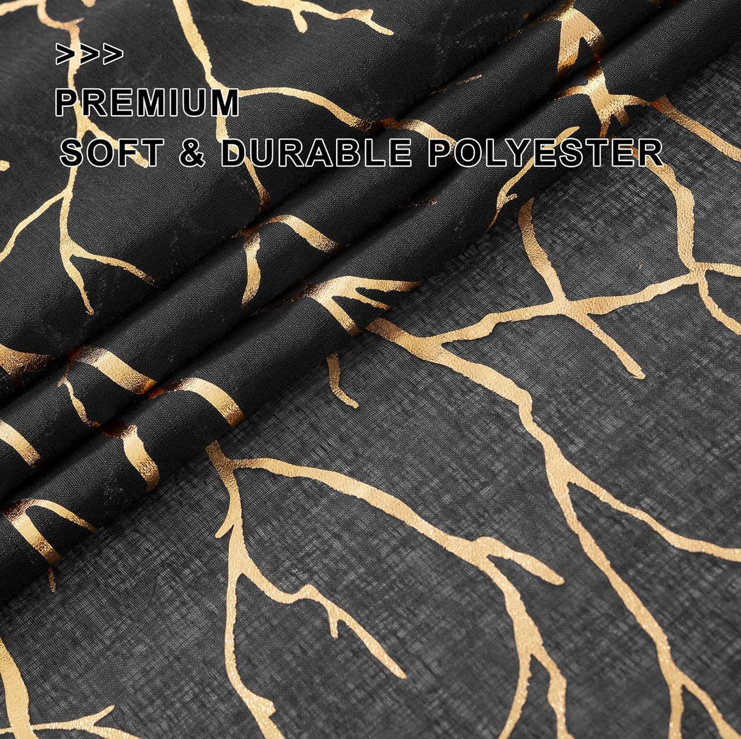 FINECITY Black Gold Sheer Curtains, Metallic Gold Foil Tree Branch, 63 Inch Length, Set of 2