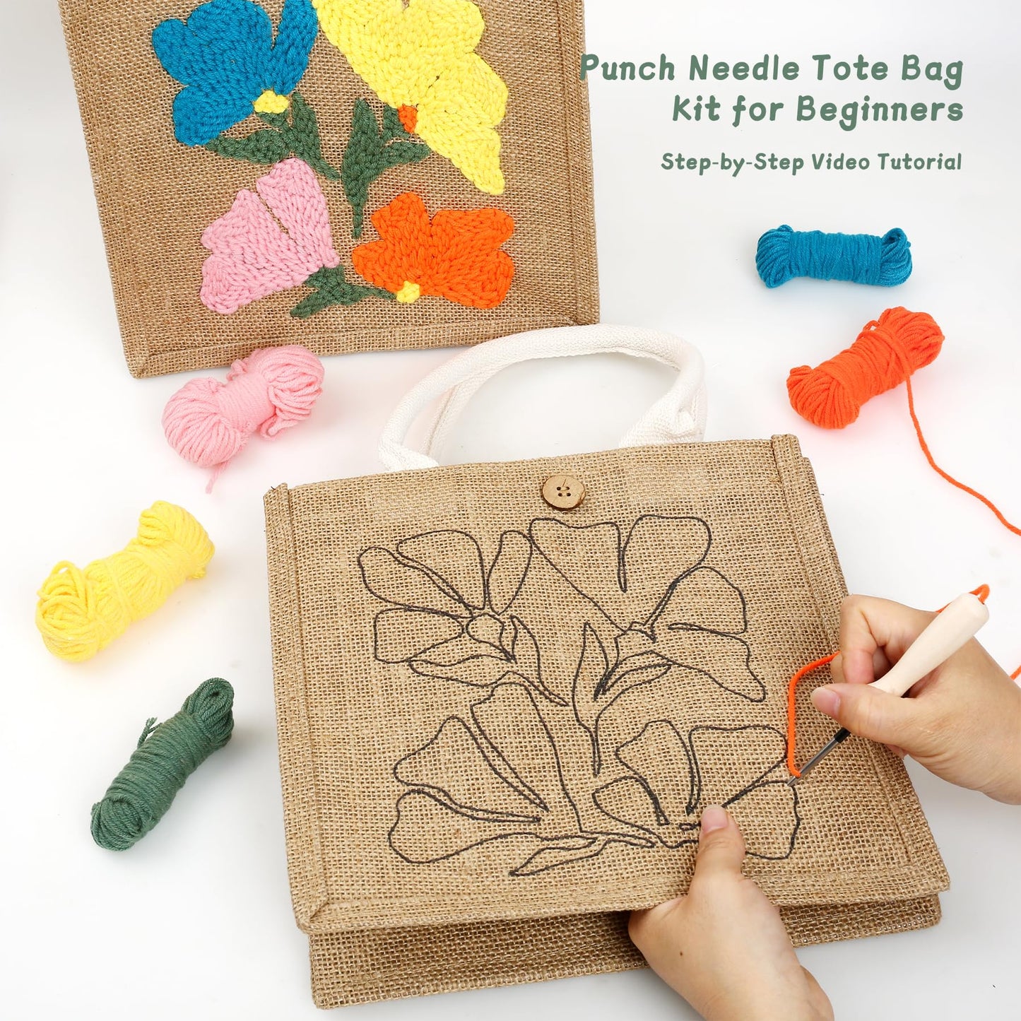 ERNTRNL Punch Needle Tote Bag Kits for Adults Beginner - DIY Punch Needle Embroidery Tote Bag Set, Punch Stitching Kit with Instructions & Video Tutorial Tools (4 Colors)