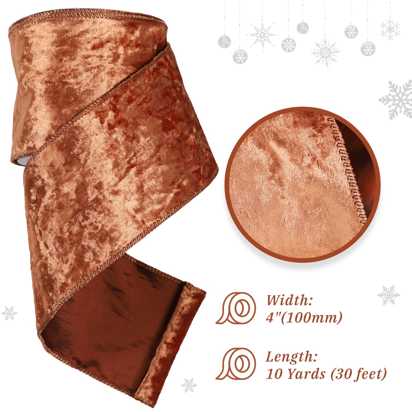 MAYREEL 4 Inch Copper Crushed Velvet Ribbon Wired Extra Wide Bronze for Christmas Decorations Gift Wrapping Wreaths Tree Toppers 10 Yards