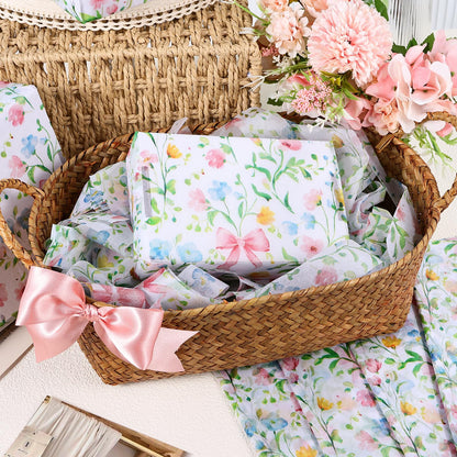 Ywdbzjhs 100 Sheets Tiny Spring Flowers and Pink Bows Tissue Paper, Coquette Bow Wildflowers Floral Gift Wrapping Paper for Botanical Valentine Birthday Wedding Baby Shower Supplies, 20'' x 14''