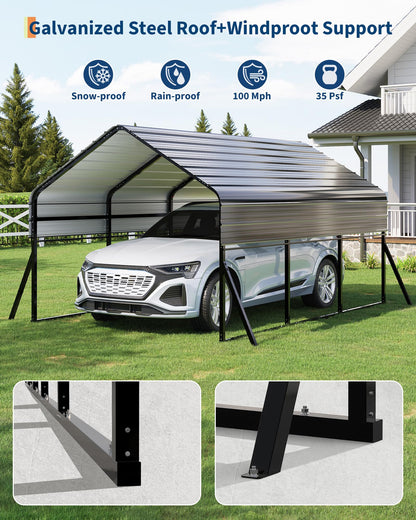 Garvee 10'x15' Metal Carport, Heavy Duty Car Ports Kit All-Weather for Pickup Trucks, Boats, RVs, Tractors, Reinforced Frame with Anchors