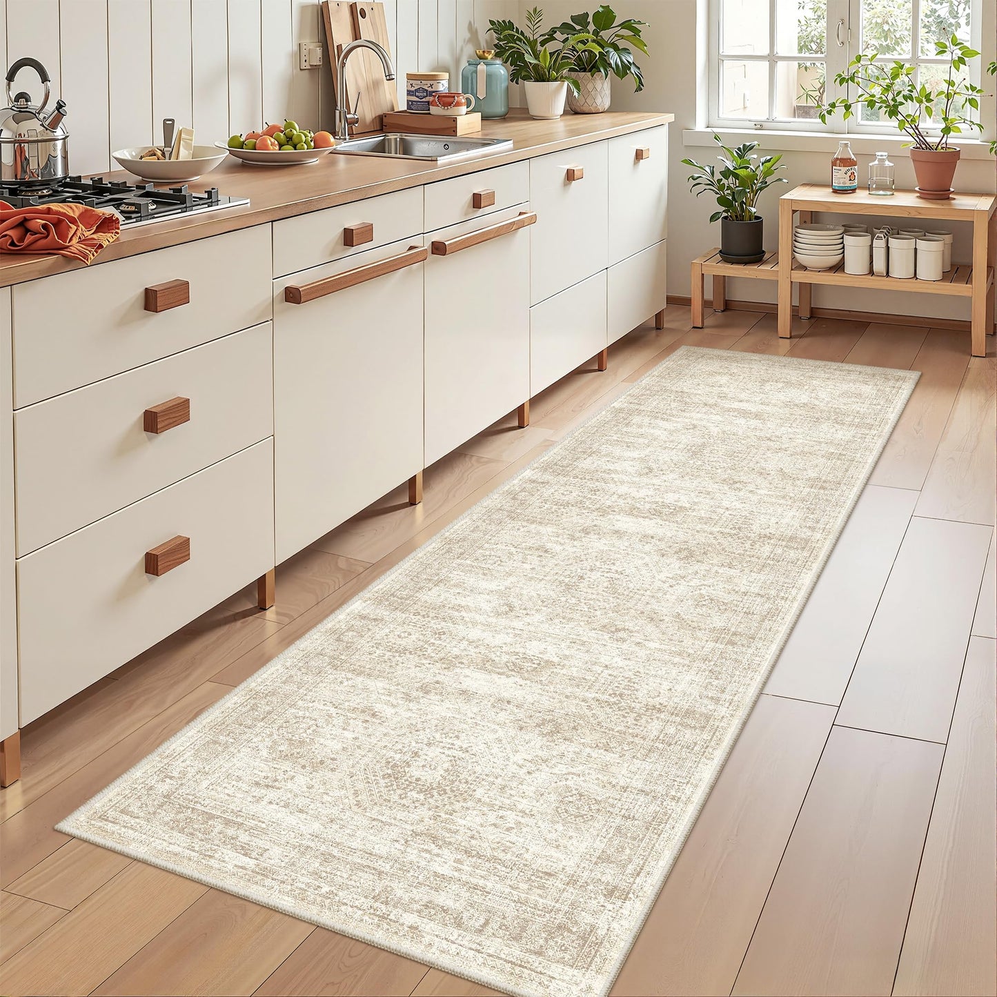 Restydon Rug Runners for Hallways Non Slip - 2x8 Runner Rug for Bedroom, Washable Runner with Rubber Backing, Soft Low-Pile Carpet for Kitchen, Laundry, Bathroom (2'x8', Beige/Ivory)