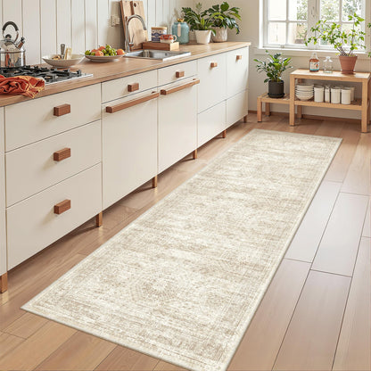 Restydon Rug Runners for Hallways Non Slip - 2x8 Runner Rug for Bedroom, Washable Runner with Rubber Backing, Soft Low-Pile Carpet for Kitchen, Laundry, Bathroom (2'x8', Beige/Ivory)