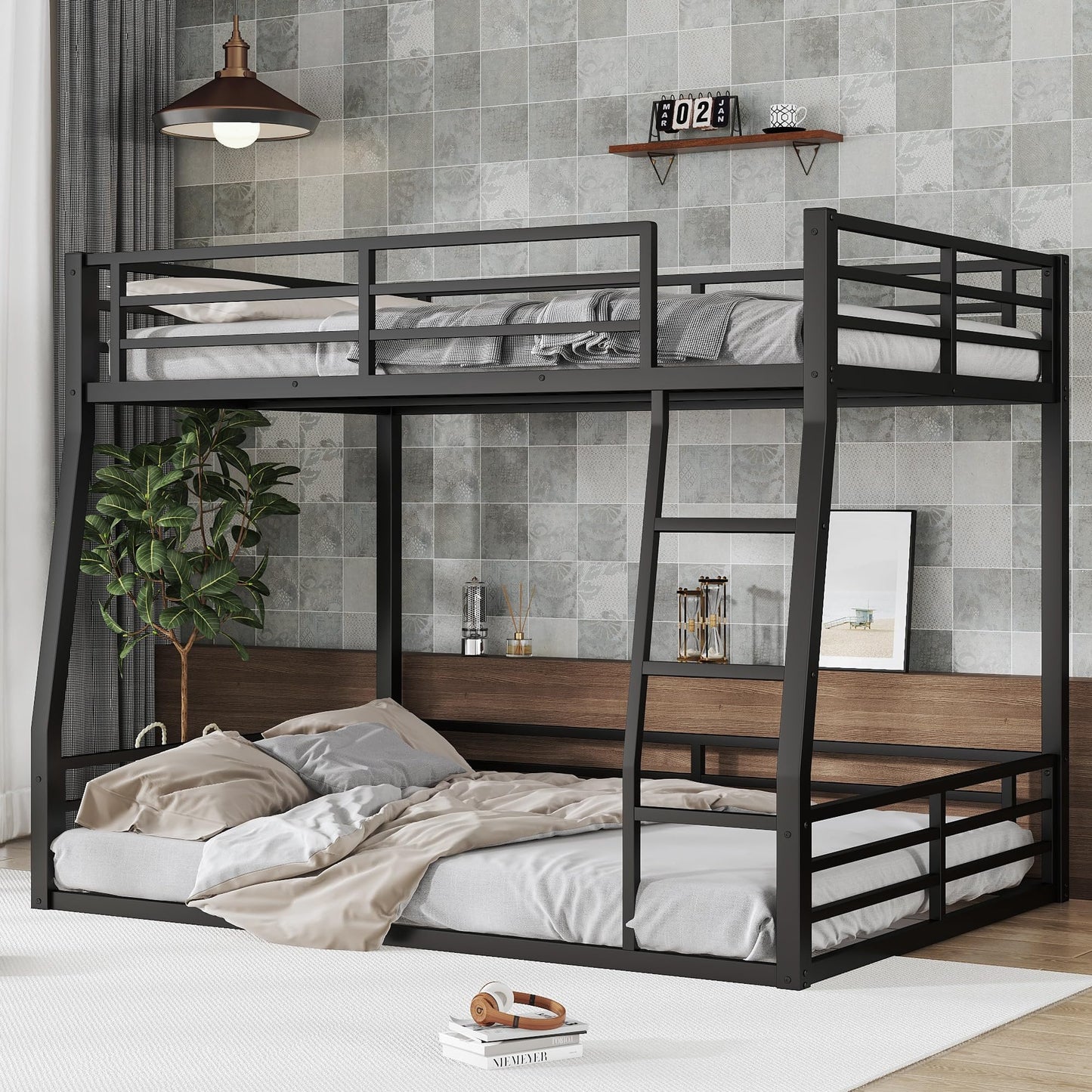 Full XL Over Queen Bunk Bed Frame with Noise Reduced Design, Heavy Buty Metal Floor Bunk Bed Full XL Over Queen Bunk Beds with Ladder for Adults, Teens