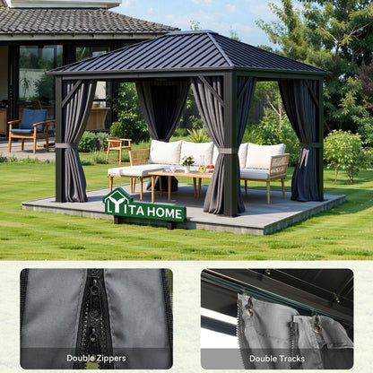 YITAHOME 10'X12' Single Hardtop Gazebo Metal Outdoor Patio Galvanized Iron Aluminum Column Garden Tent Curtains Netting for Backyards Decks Lawns,Gray