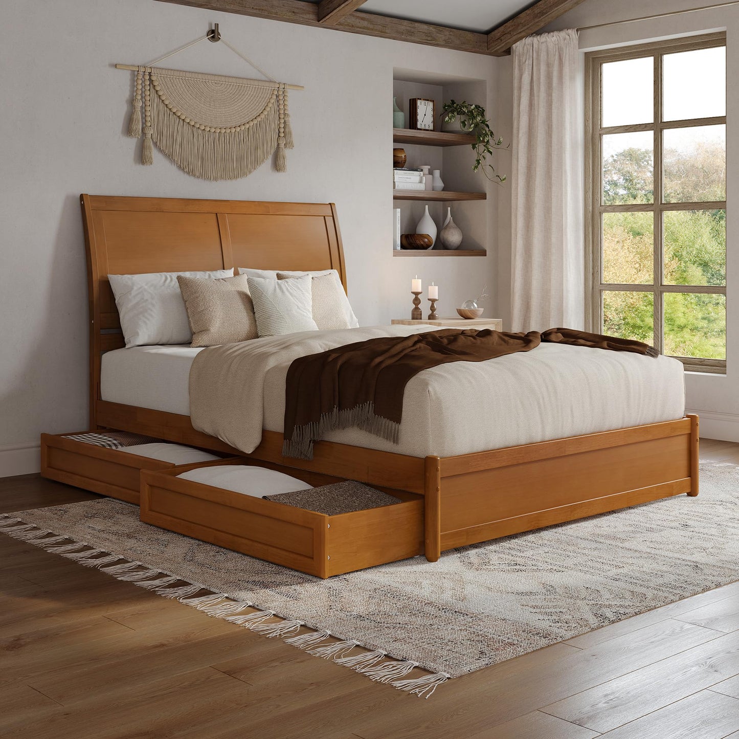 AFI, Andorra Queen Platform Bed with Panel Footboard & Storage Drawers, Light Toffee