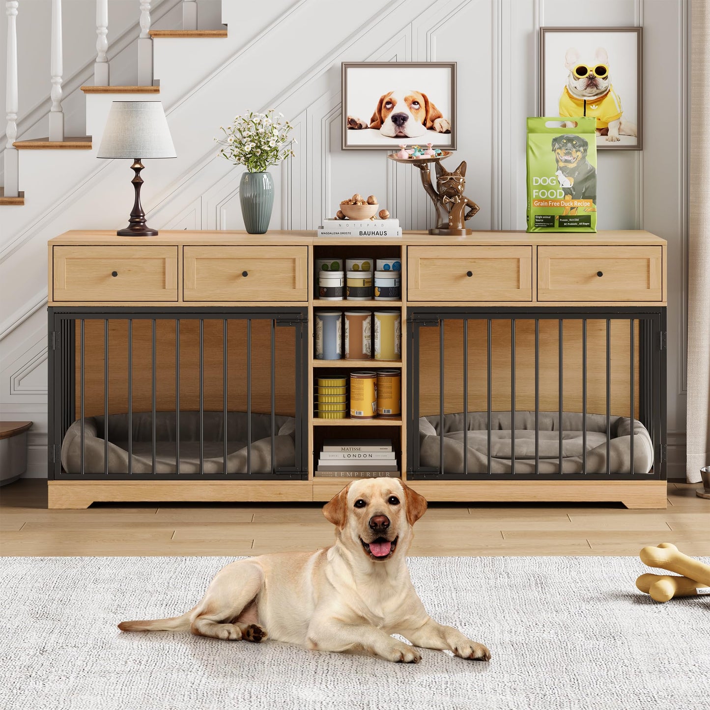 Garvee Double Dog Crate Furniture, 82'' Large Dog Kennel Indoor with 4 Drawers and Shelves, Heavy Duty Wooden Dog Crate TV Stand for 2 Large Medium Dogs, Natural